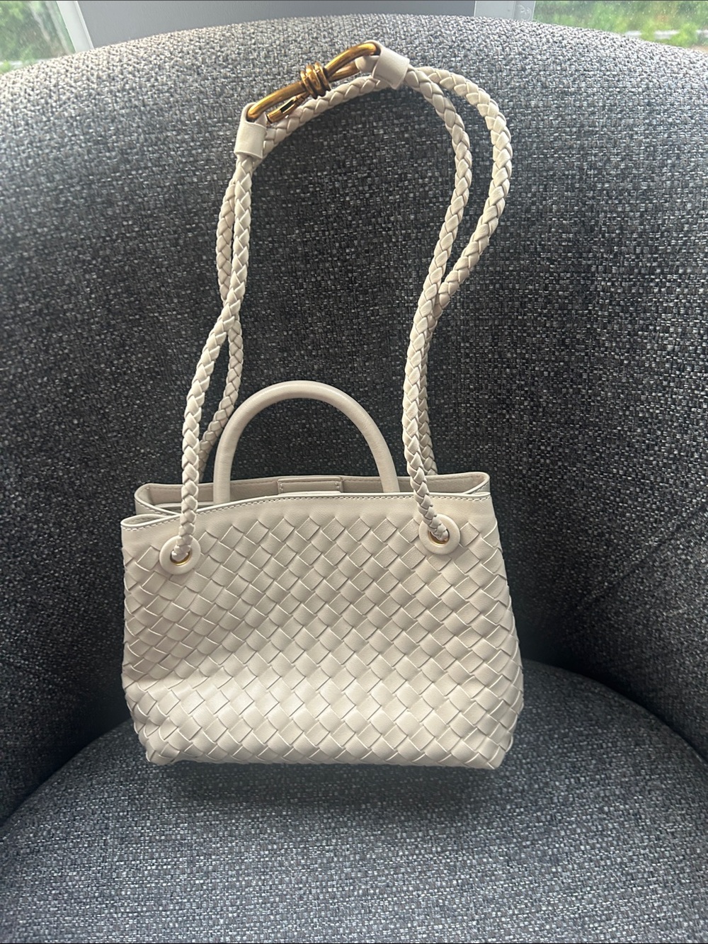 Woven Pleather Tote with Gold Knot Accent - Cream - Picture 7 of 7